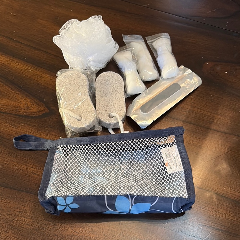 Blue Floral Travel Toiletry Set in mesh AIG floral zippered pouch